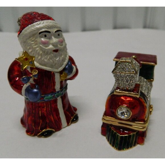 Santa Claus & Train Figurine Hinged Trinket Boxes Enamel Rhinestone Accents - Picture 14 of 15